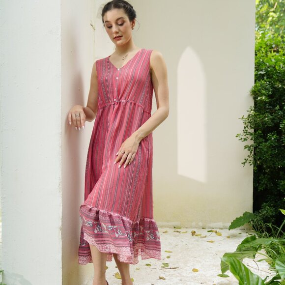 Sleeveless Stripe Printed Crepe Midi Dress - Picture 3 of 8